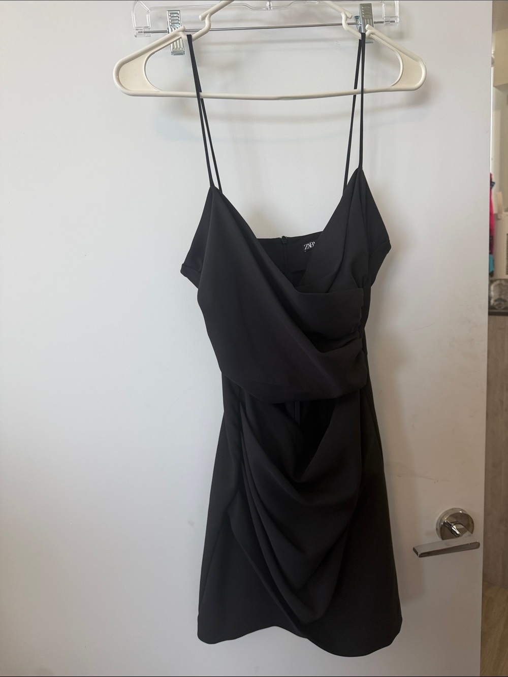 NWOT Zara Black Draped Cutout Mini Dress with Spaghetti Straps